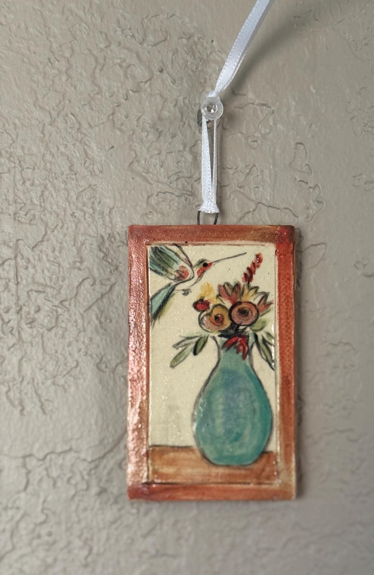 Hand Painted Ceramic Tile: Hummingbird Floral Art. Small ceramic tile. Humming bird and floral still life.