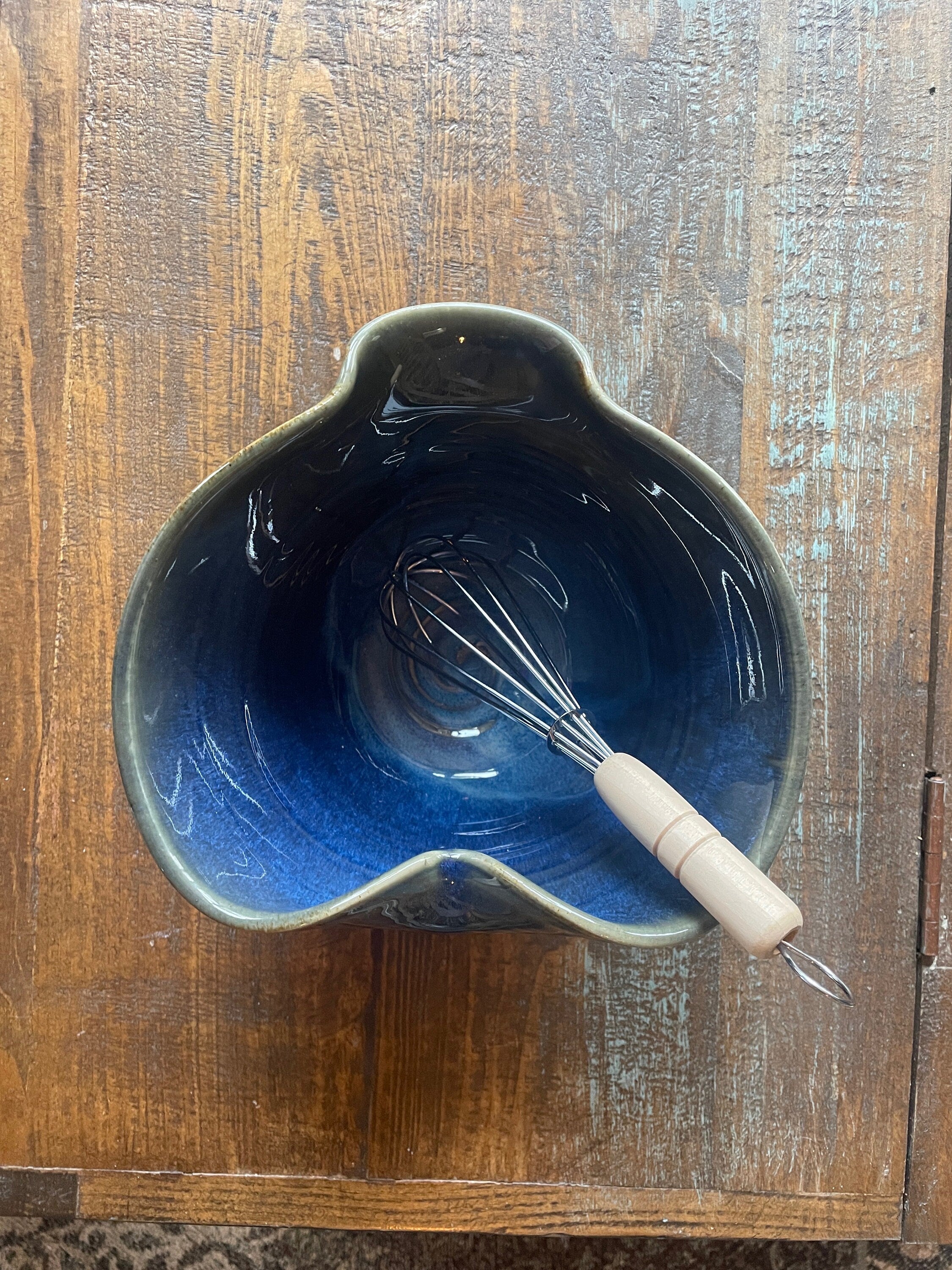 Blue pottery mixing bowl. Ergonomic pottery batter bowl. Gift for Chef. Gift set for Dad. Blue pancake bowl.Made in the USA.