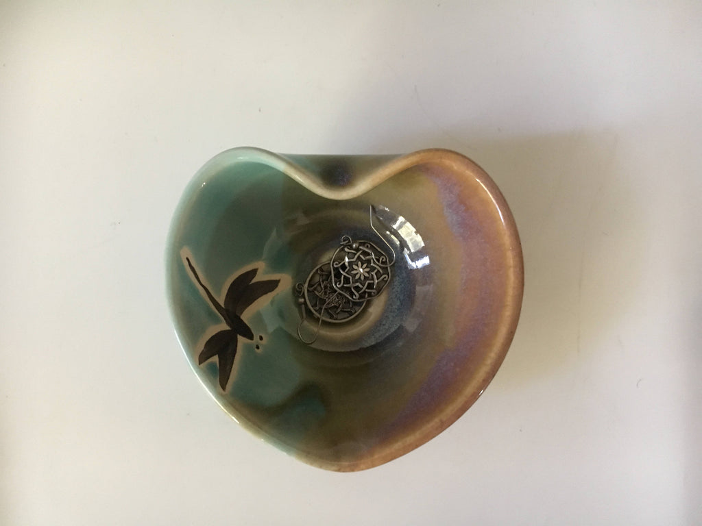 Dragonfly pottery Heart Bowl. Turquoise ceramic dish. Ceramic jewelry dish. 5 inch heart dish.