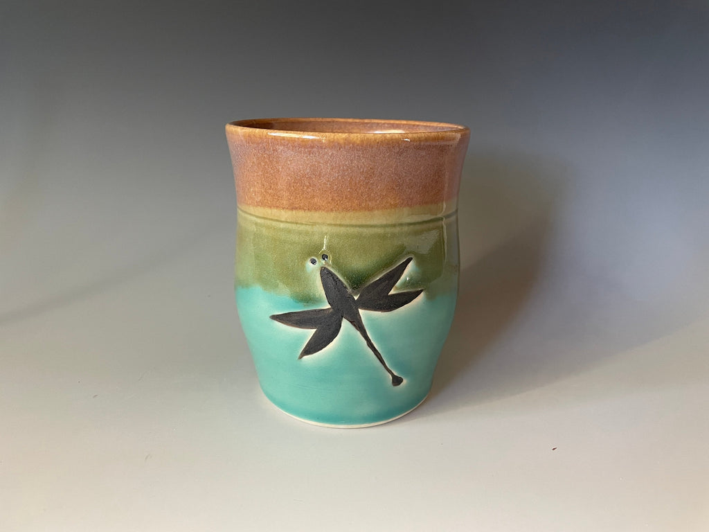 Hand Painted Pottery Dragonfly Vase, Teal Opal Glaze. Utensil jar. tool caddy. 6.5 inches tall