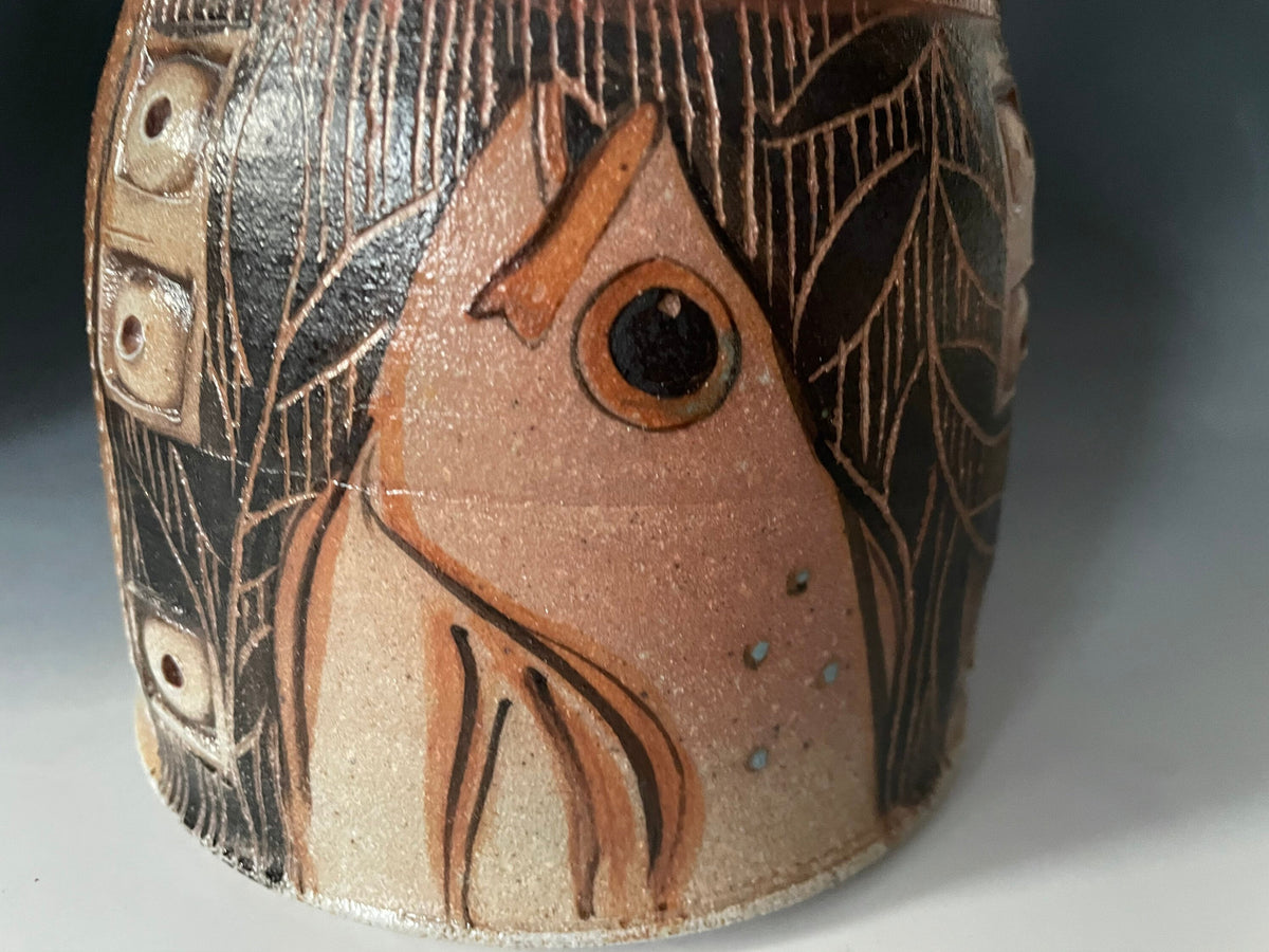 Unique handmade pottery jar, fish pottery utensil  jar, small crock for tools.