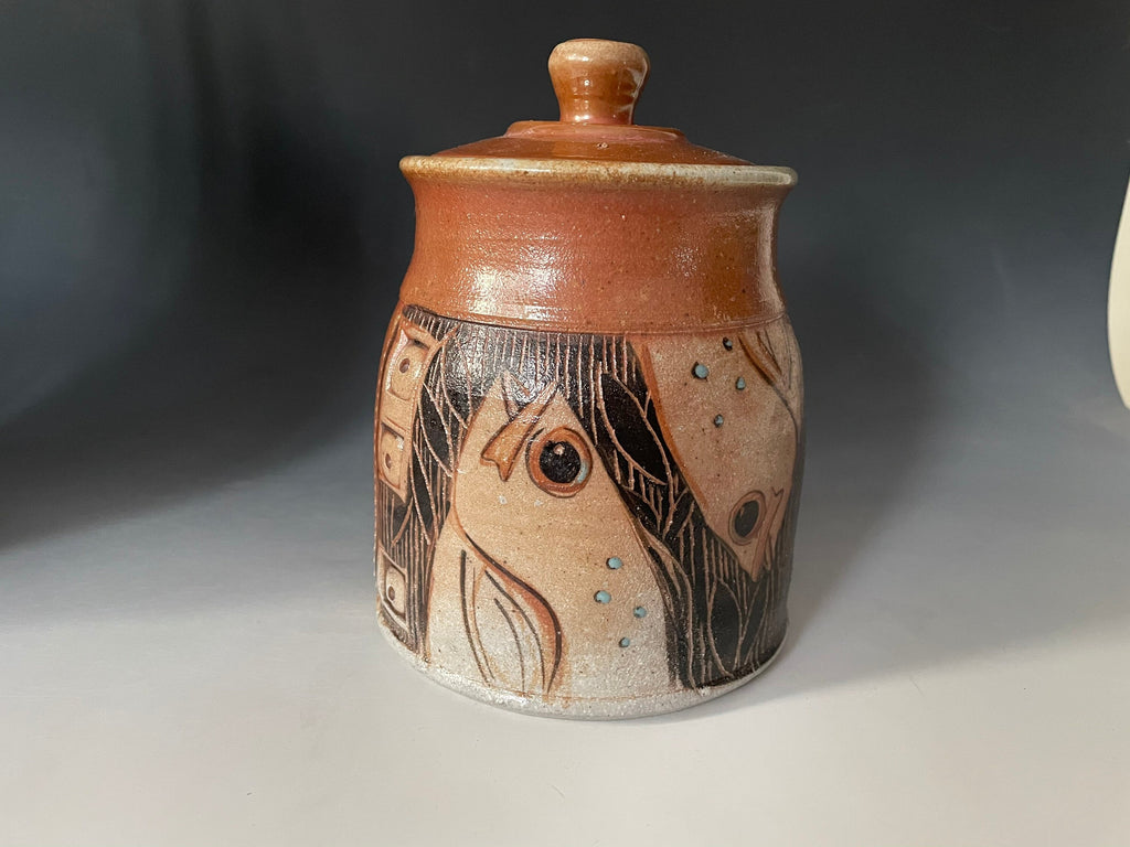 Unique handmade pottery jar, fish pottery utensil  jar, small crock for tools.