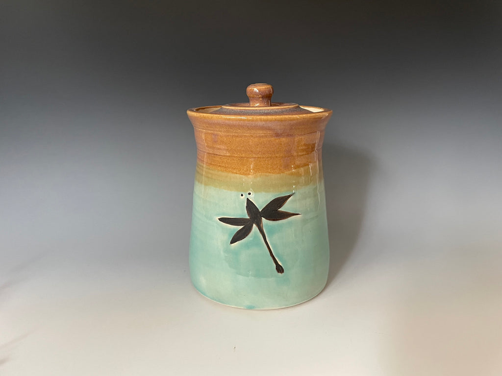 Dragonfly cookie jar 6 inches tall. beige and Turquoise colors .Fast shipping Kitchen container.Spring decor.