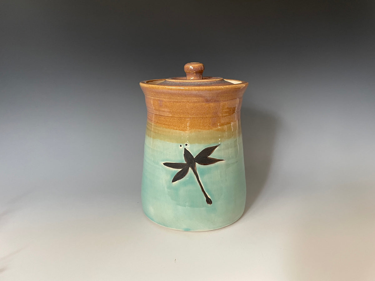 Dragonfly cookie jar 6 inches tall. beige and Turquoise colors .Fast shipping Kitchen container.Spring decor.