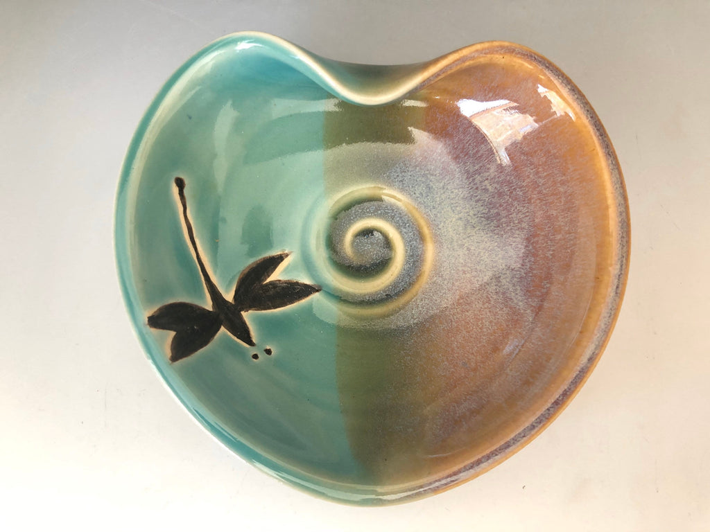 Pottery Dragonfly Heart Bowl: Handmade Teal Jewelry Dish. Made in the USA.