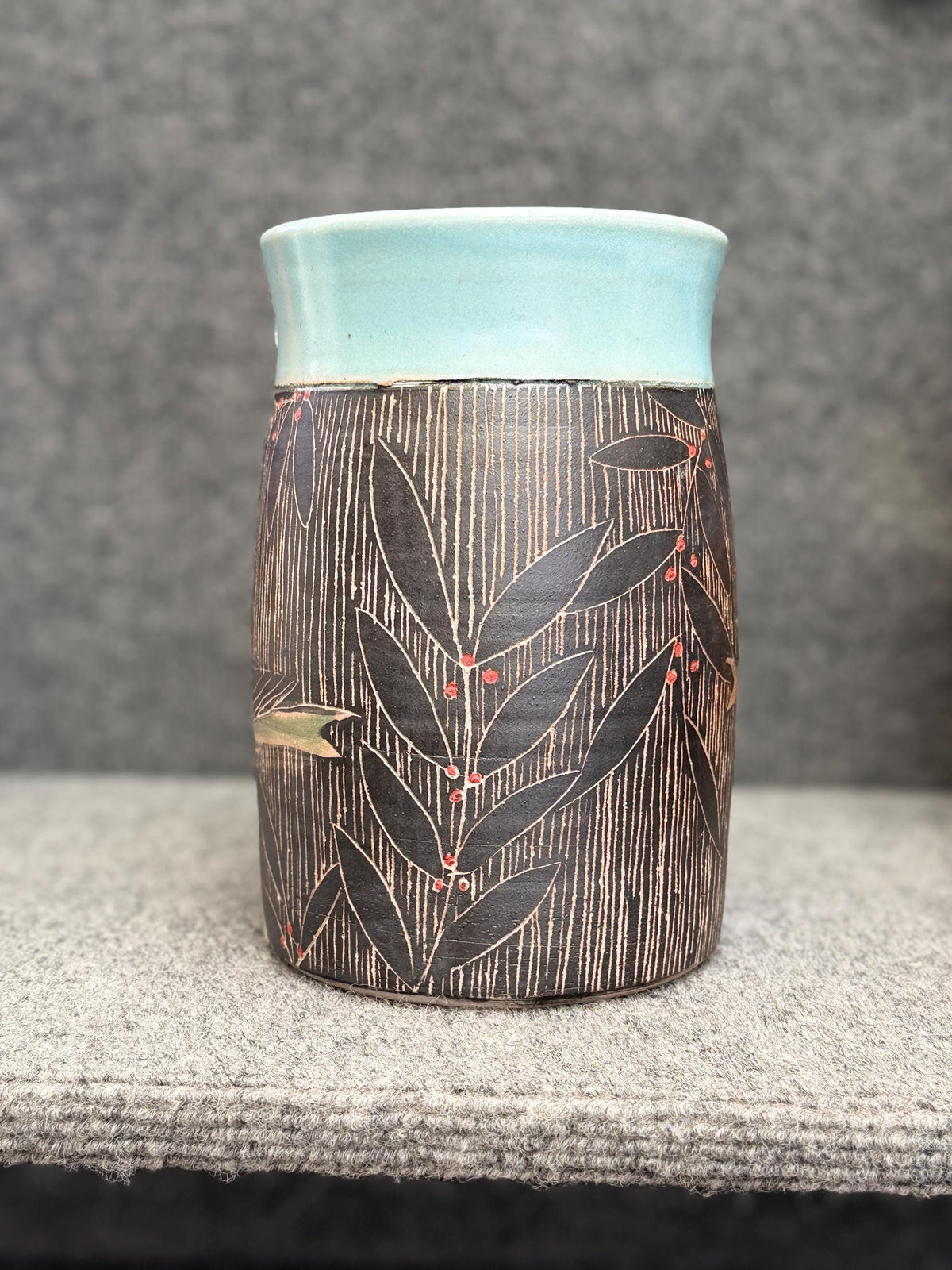 Handcrafted  Pottery Bird vase. Sgraffito Pottery, unique vase. 6 inches tall 4.5 inches wide.