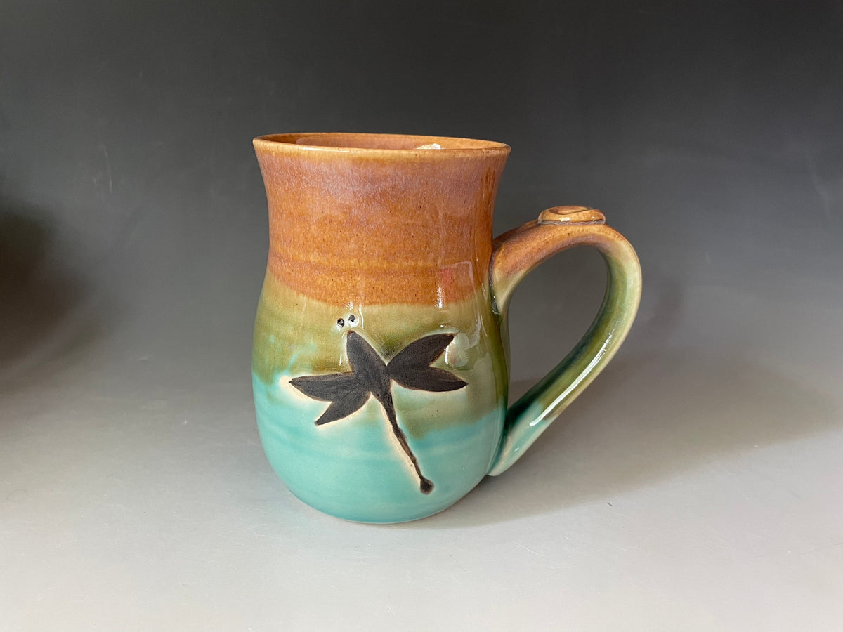 Handmade pottery mug. Ceramic Dragonfly 10- 12 ounce coffee cup with fast shipping.