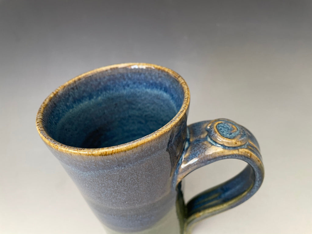 Blue pottery mug. Ceramic tea cup with thumb hold. Gift for Dad. Handmade pottery cup.