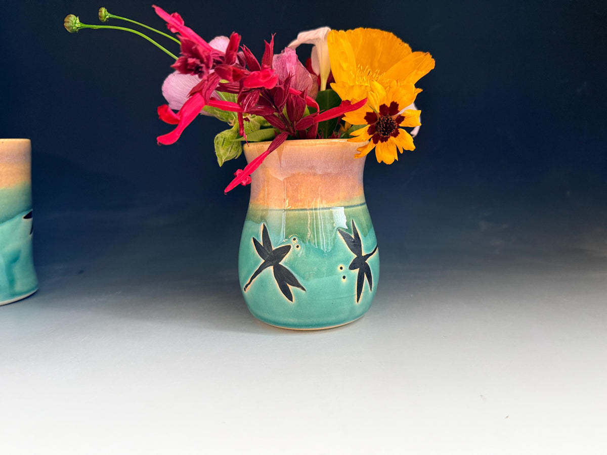 Handmade Dragonfly Pottery Vase: Blue Stoneware Bud Vase. Made In USA.