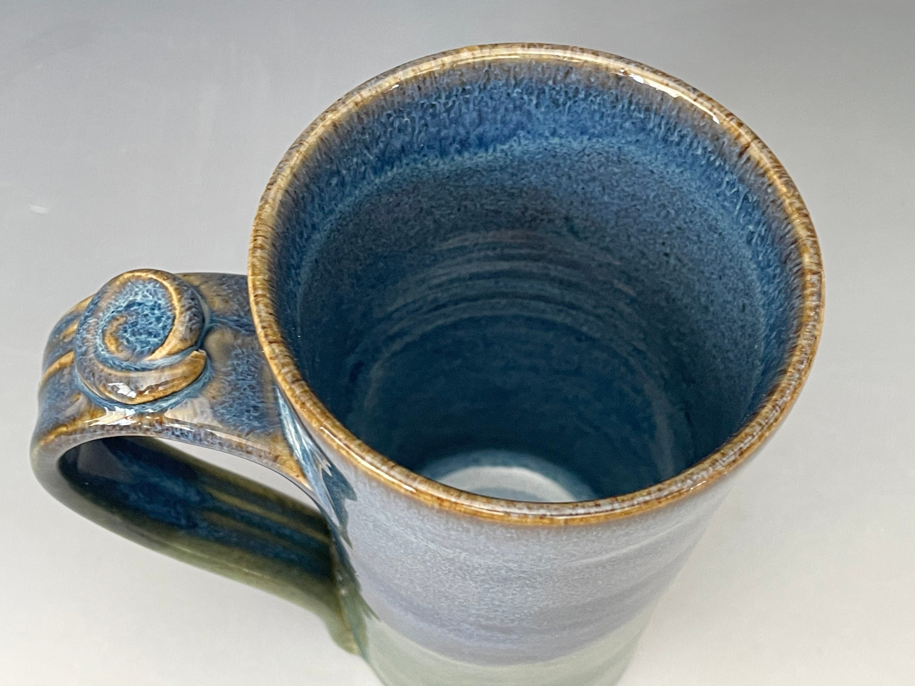 Blue pottery mug. Ceramic tea cup with thumb hold. Gift for Dad. Handmade pottery cup.