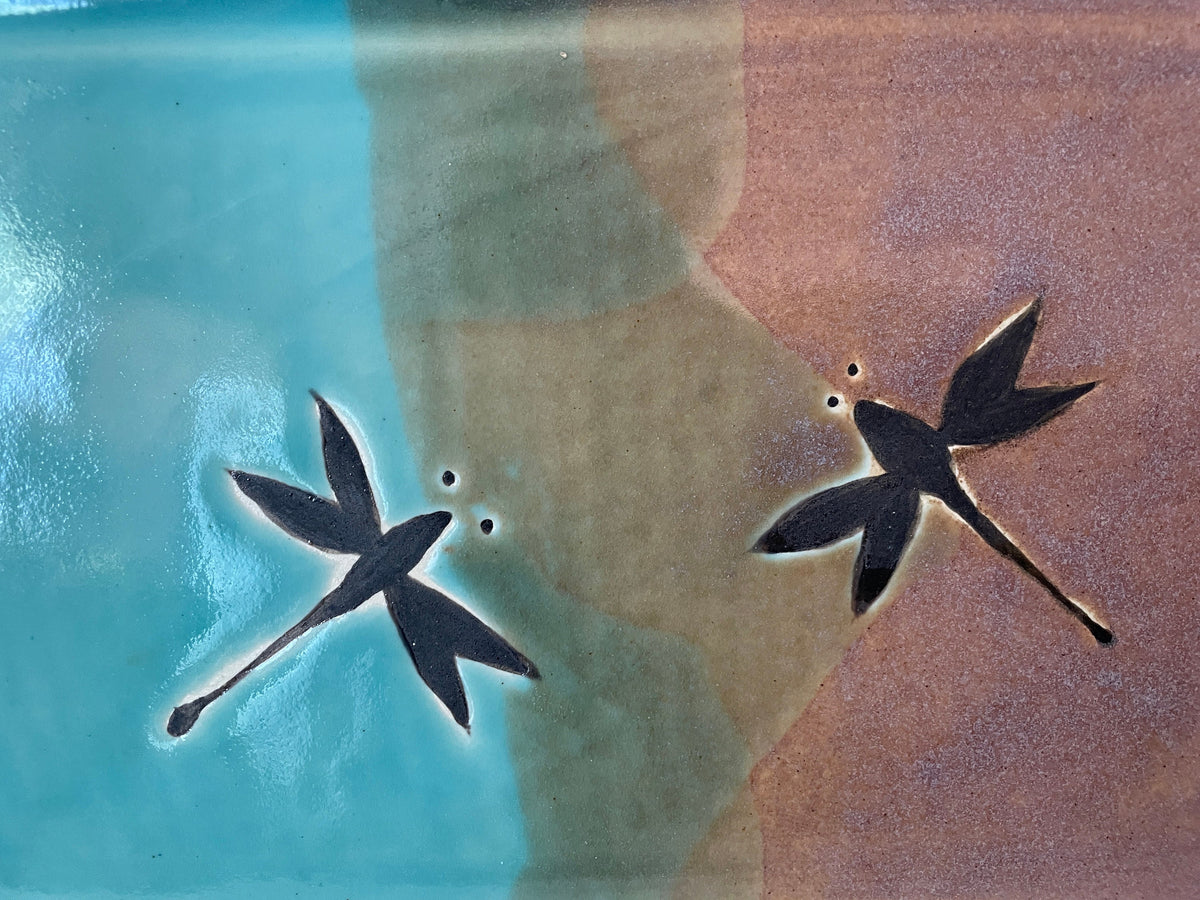 Handmade Teal Dragonfly Pottery Tray: Stoneware Charcuterie Platter. Made in Colorado.