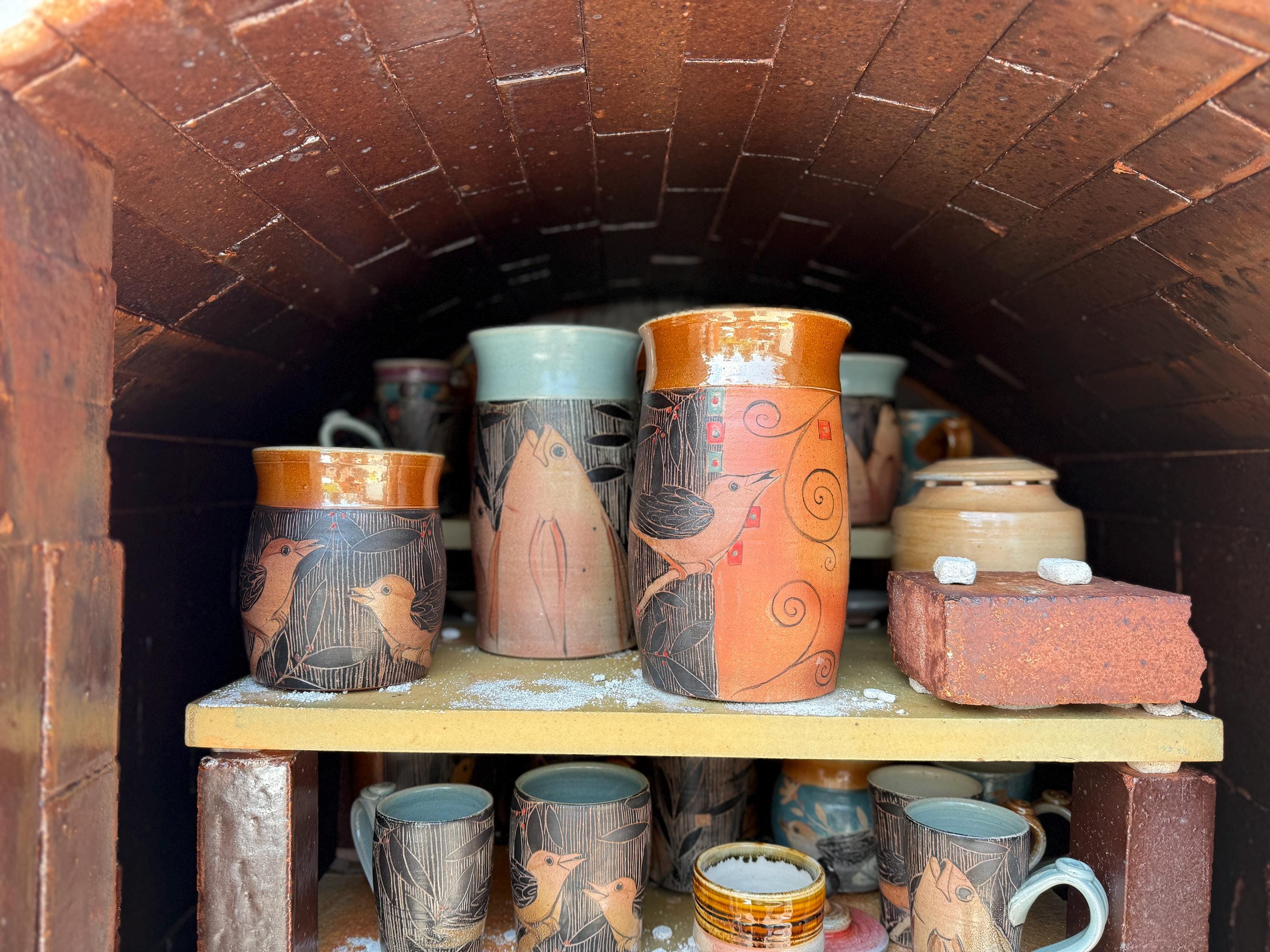Art Nouveau Fish Vase, Hand-Painted Sgraffito Soda Fired Pottery