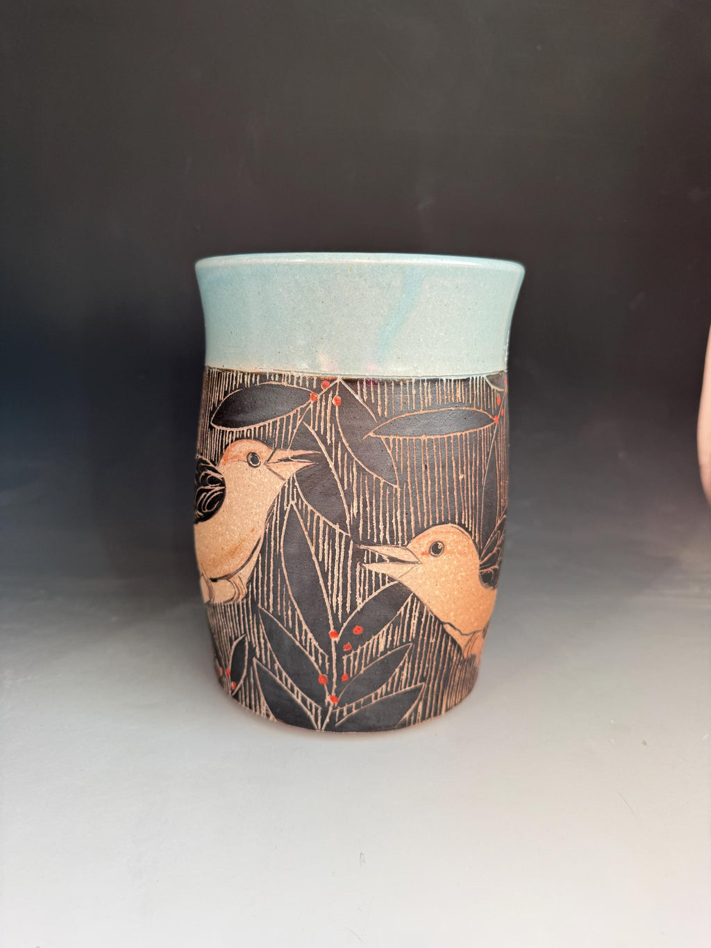 Handmade Sgraffito Bird Pottery Vase: Stoneware Spoon Jar, Hand painted Vase. Colorado Artist.