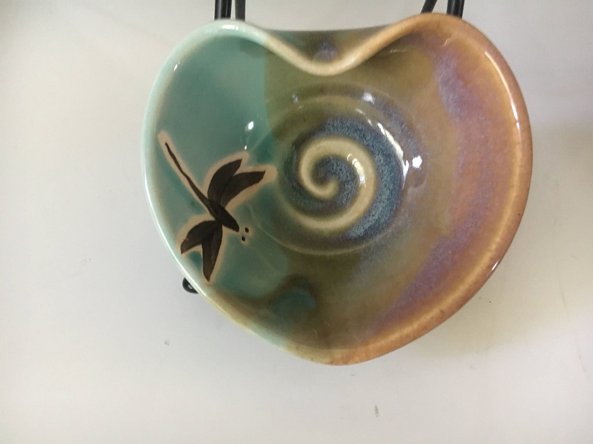 Dragonfly pottery Heart Bowl. Turquoise ceramic dish. Ceramic jewelry dish. 5 inch heart dish.