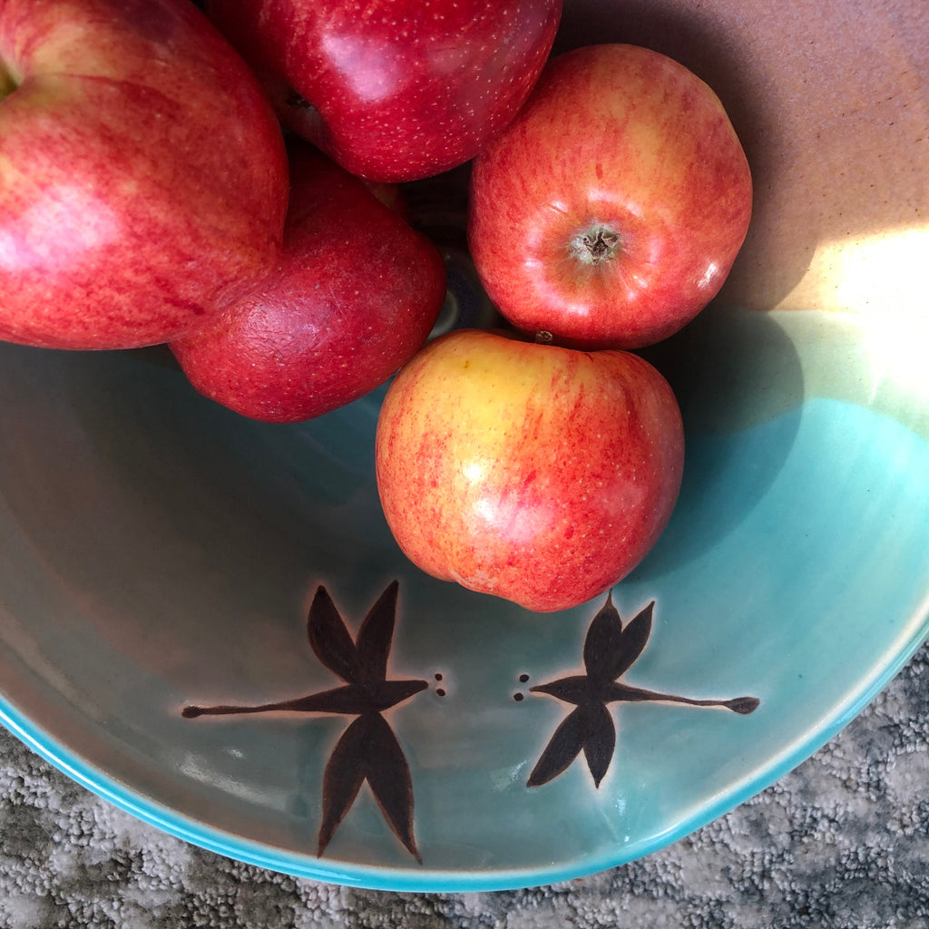 Handmade Ceramic Dragonfly Bowl: Teal Glaze Pottery, 8 inch