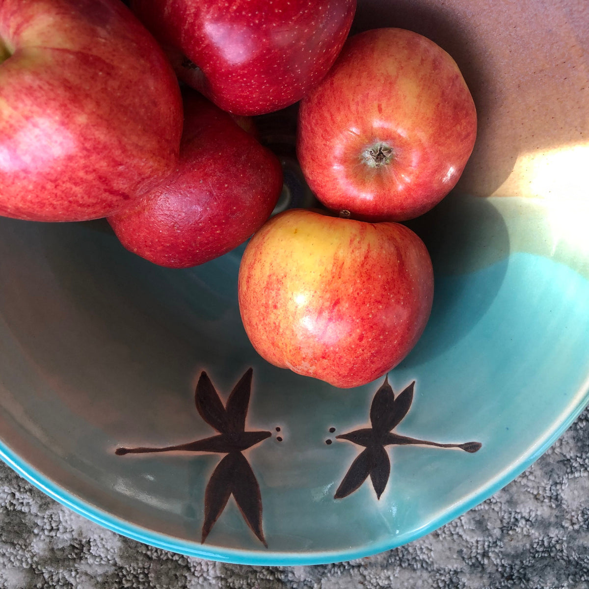 Handmade Ceramic Dragonfly Bowl: Teal Glaze Pottery, 8 inch