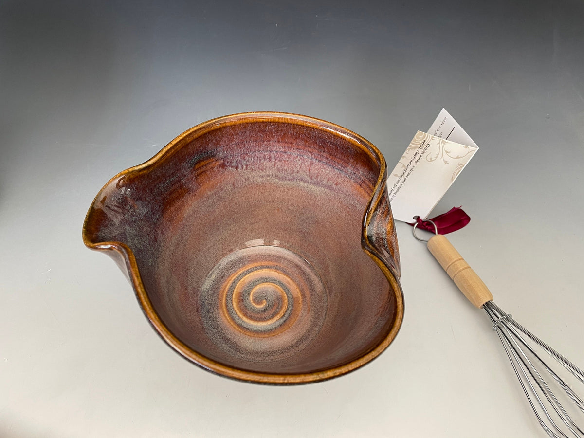 Handmade Pottery ergonomic mixing bowl. Southwest pancake or egg bowl. Gift for Chef. Pottery bowl with whisk. Gift Set