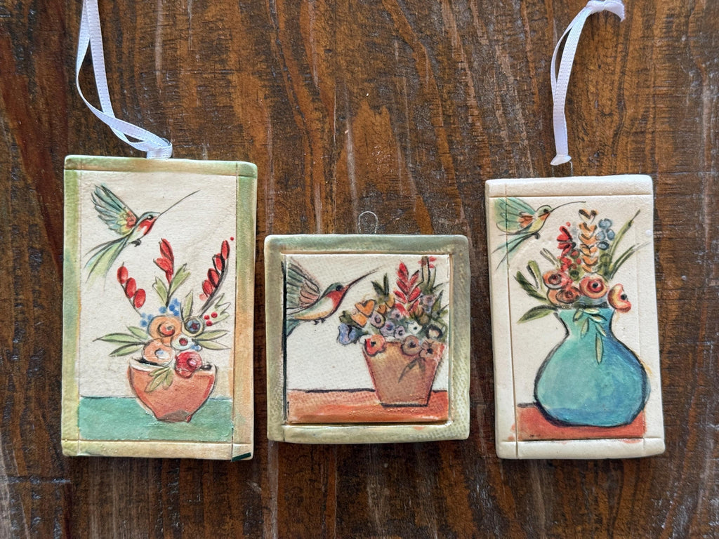 Hand Painted Ceramic Tile: Hummingbird Floral Art. Small ceramic tile. Humming bird and floral still life.