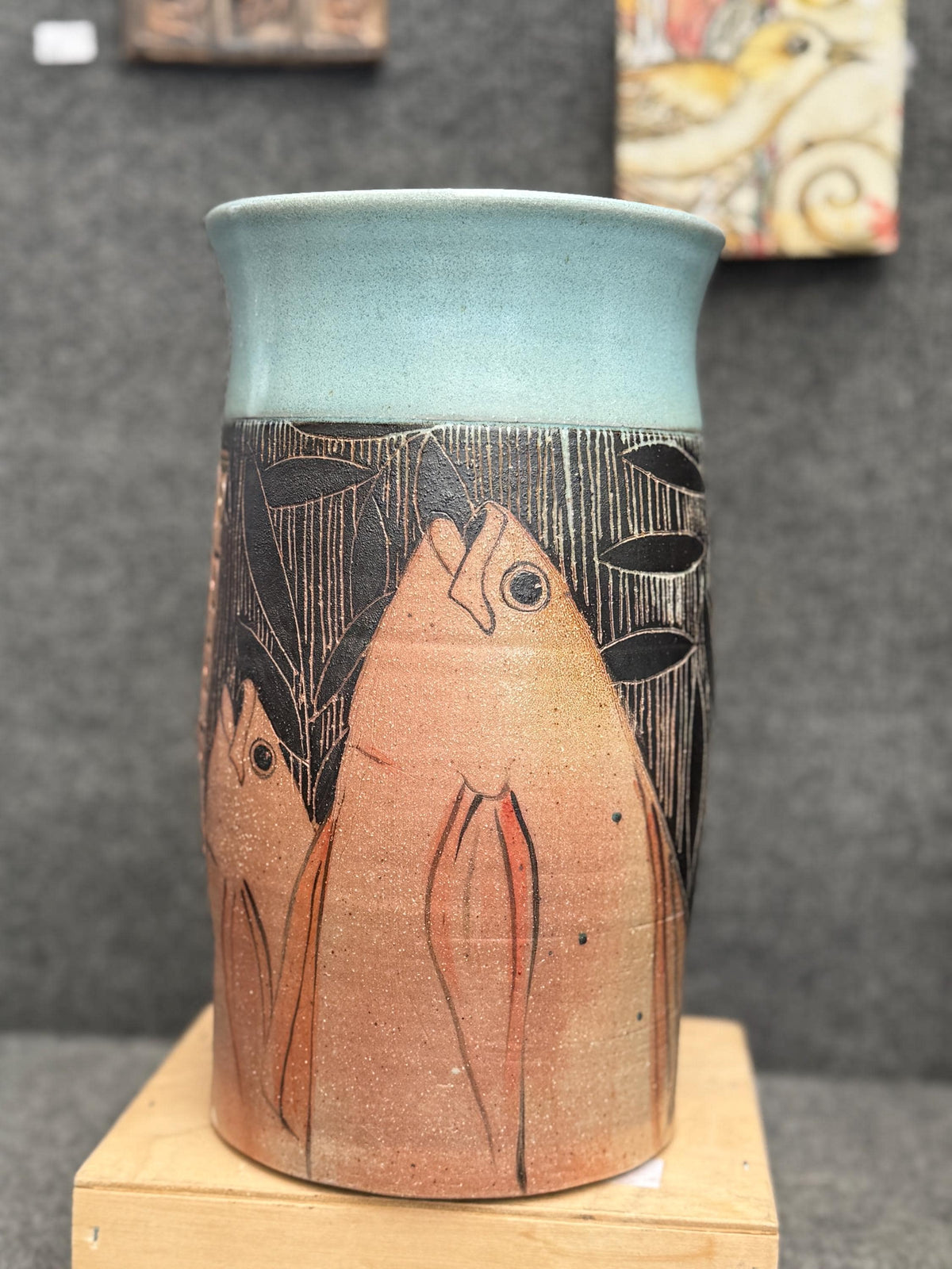 Large Art Nouveau fish vase. Sgraffito Art Deco 11 inch vase. Gift for Dad.Hand Painted pottery vase.Office decor.