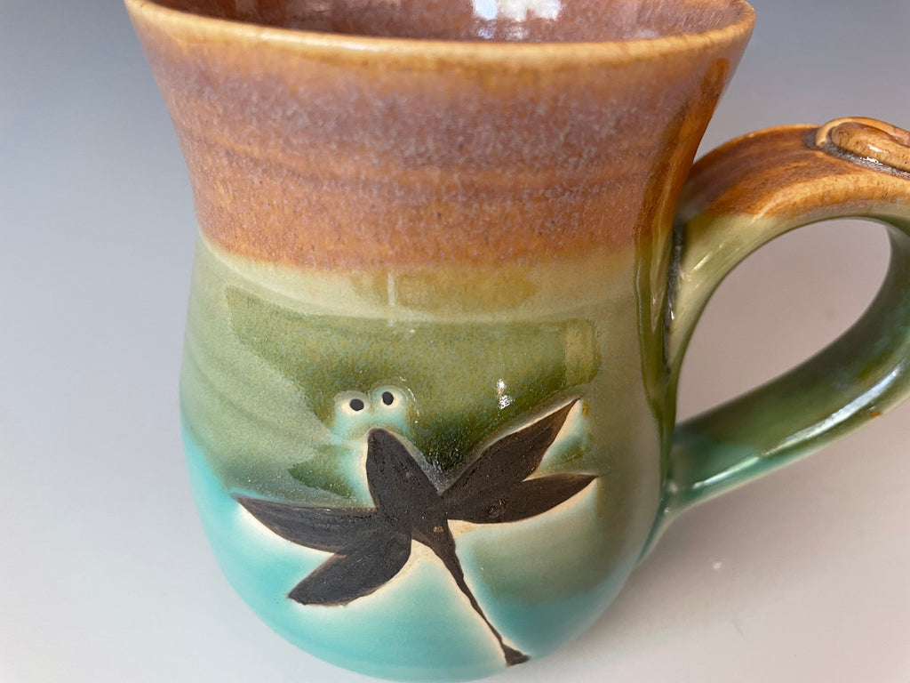 Handmade Dragonfly Mug: Hand-Painted Stoneware Coffee Cup. 12 ounce pottery coffee cup