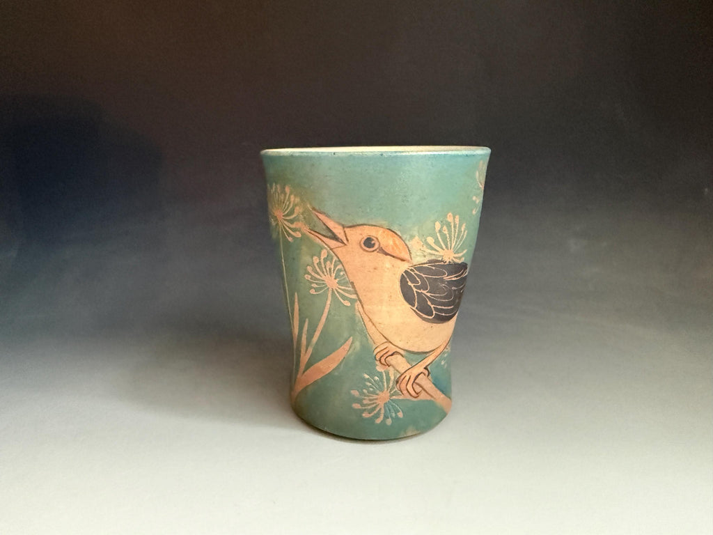 Handmade pottery Bird tumbler. 5 inch tall 3inch wide Pottery Vase.  Hand drawn bird water glass with flowers.