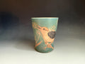 Handmade pottery Bird tumbler. 5 inch tall 3inch wide Pottery Vase.  Hand drawn bird water glass with flowers.
