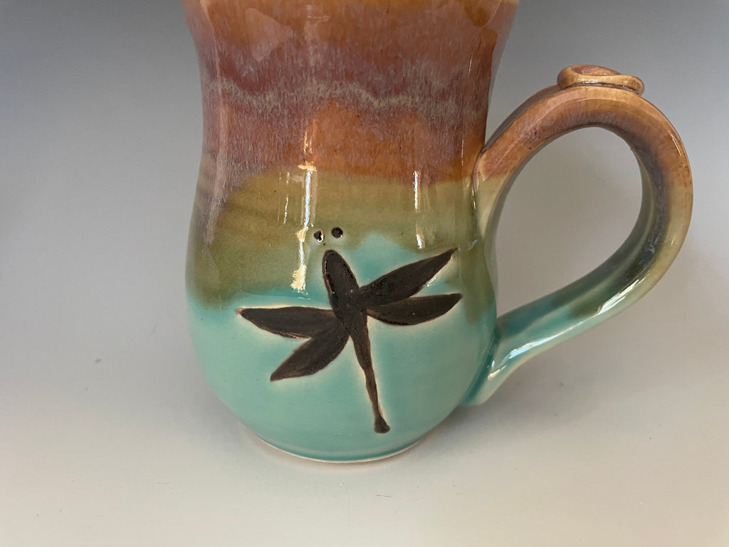 Handmade Dragonfly Mug: Hand-Painted Stoneware Coffee Cup. 12 ounce pottery coffee cup