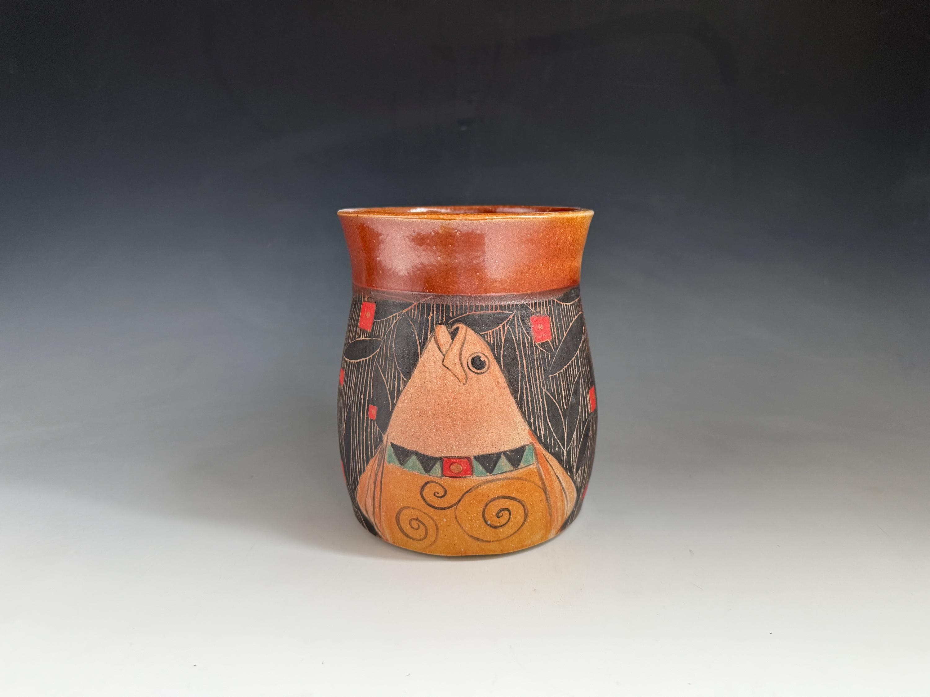 Art Nouveau Fish Vase, Hand-Painted Sgraffito Soda Fired Pottery