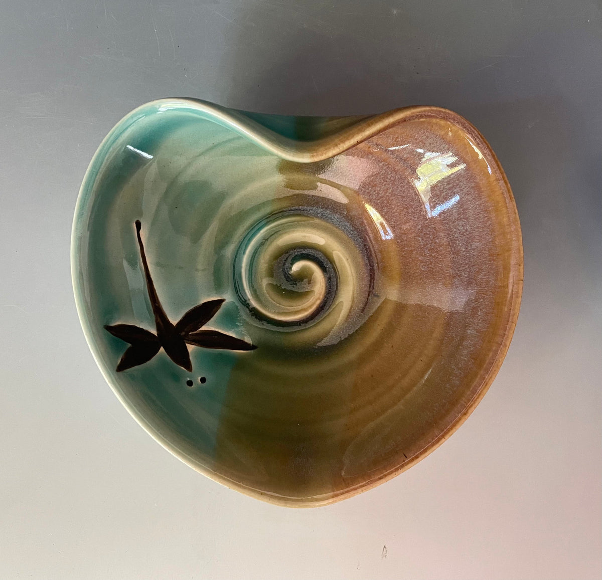 Pottery Heart Bowl: Dragonfly Jewelry Dish, Teal Opal Glaze